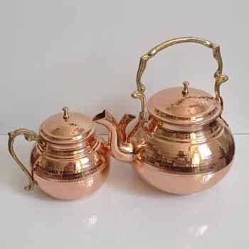 کتری و قوری مسی گرد دسته برنجی نانو