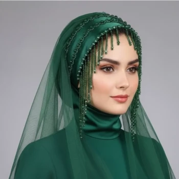 توربان مجلسی سبز شرابه دار دارای رنگ بندی 