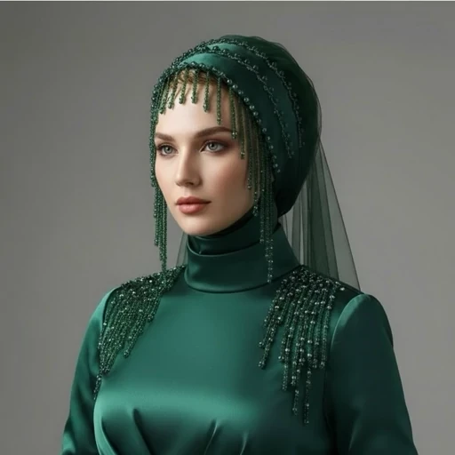 توربان مجلسی سبز شرابه دار دارای رنگ بندی 