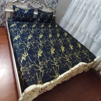 روتختی دونفره مشکی ماربل روکش تشک دونفره ماربل سیاه خط زرد ملحفه ماربل