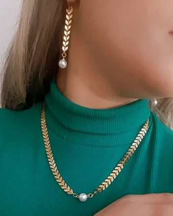 ست گردنبند دستبند گوشواره استیل زنانه طرح گندمی یا تیغ ماهی (ویولت گالری) کد 1940