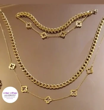 نیم ست زنانه گردنبند و دستبند زنجیر ونکلیف طلایی جنس استیل رنگ ثابت (ویولت گالری) کد 1951