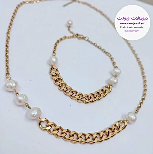 نیم ست زنانه کارتیرو مروارید پرورشی دستساز استیل کد 3558