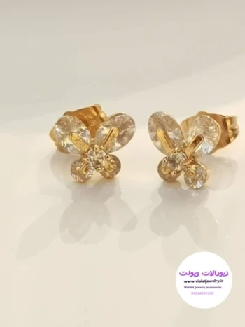 گوشواره میخی نگین دار طلائی طرح پروانه برند ژوپینگ کد 1157