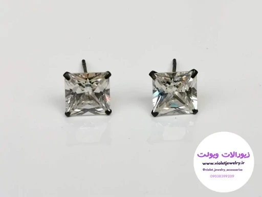 گوشواره دخترانه و زنانه نقره ایتالیایی میخی تک نگین مربعی  کد 018وزن 1.8 گرم