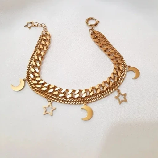 دستبند استیل زنانه کارتیر و آویز ماه و ستاره دولاین (ویولت گالری) کد 1333