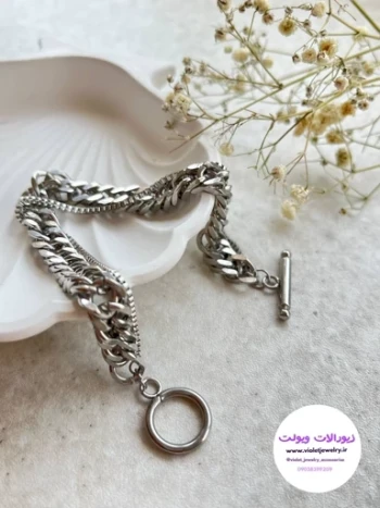 دستبند اسپرت پسرانه و دخترانه جنس استیل رنگ ثابت با دو رنگ سیلور و گلد کد 1395