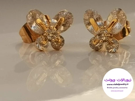 گوشواره میخی نگین دار طلائی طرح پروانه برند ژوپینگ کد 1157