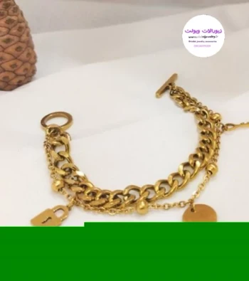 دستبند استیل زنانه طلایی آویزدار کد 1341