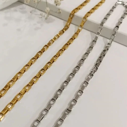گردنبند مردانه زنجیری آجری نقره ای و طلایی 60 سانتی درشت استیل رنگ ثابت