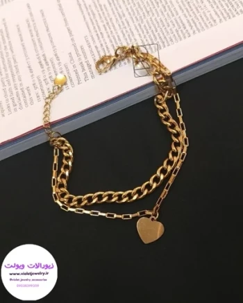 دستبند 2 لاین زنانه کارتیر و آجری با آویز قلبی استیل کد 1361